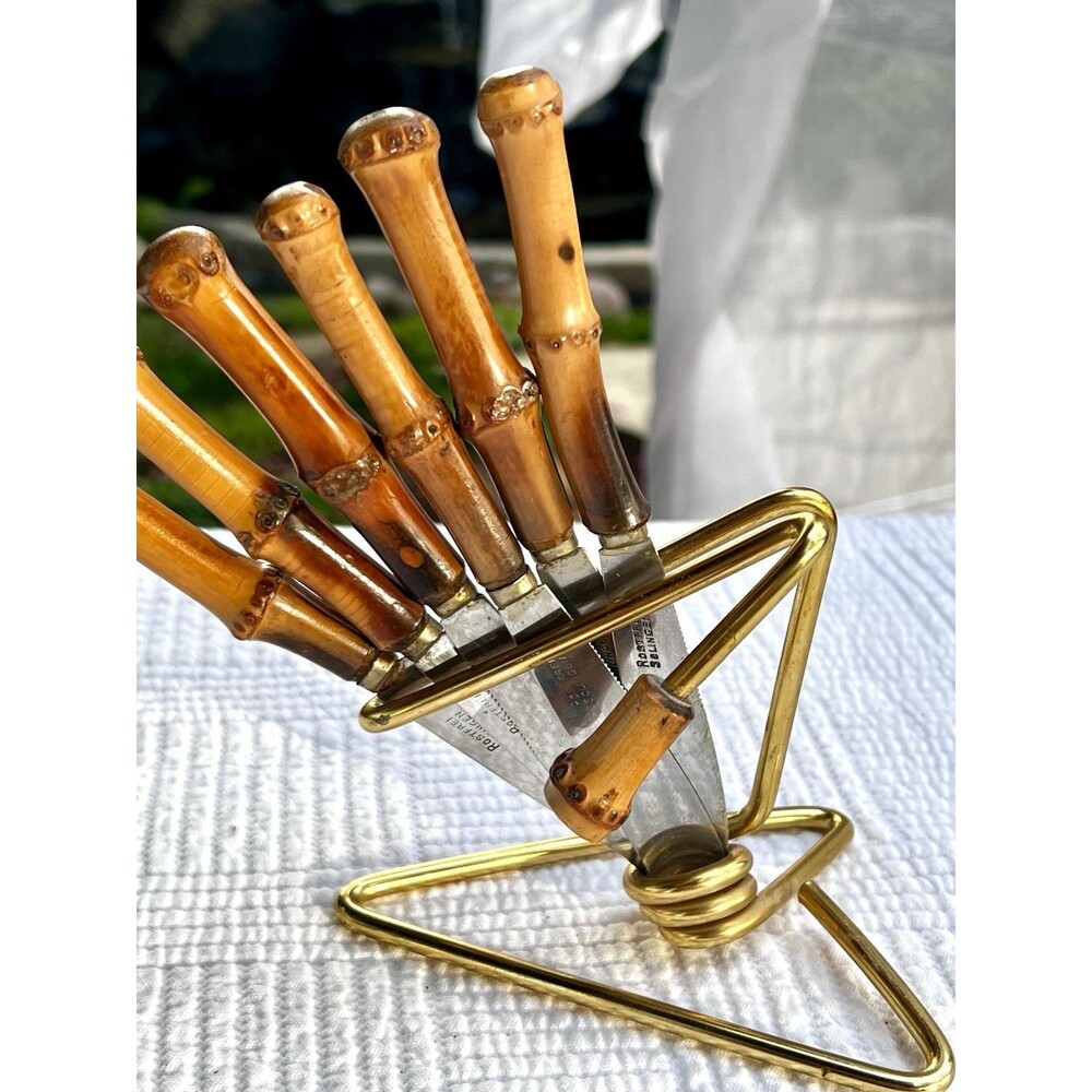 Vintage 1970 Solingen Germany Bamboo Handle spreader Set 6 Brass Stand Rostfrei